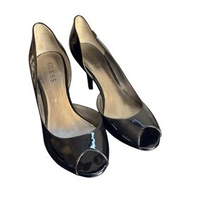 GUESS Women's Black Patent Peep Toe Heels 8.5